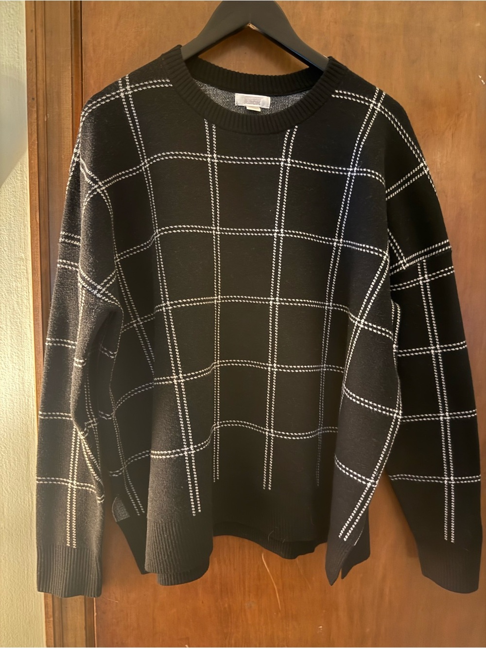 Nordstrom Rack Black Crewneck Sweater with White Windowpane Check